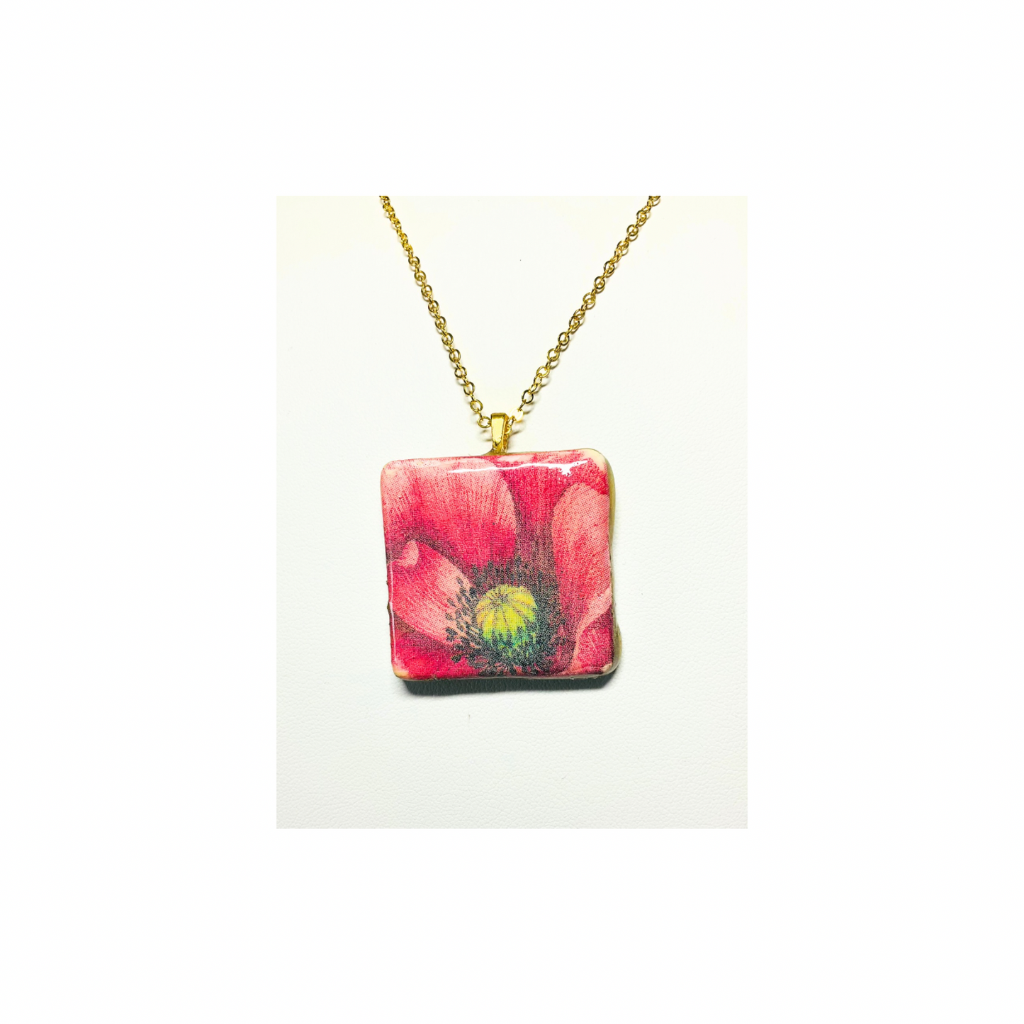 Pink Flower Clay Square Pendant Necklace - Trendy Cute Style Pink Handcrafted Lightweight for Everyday Wear