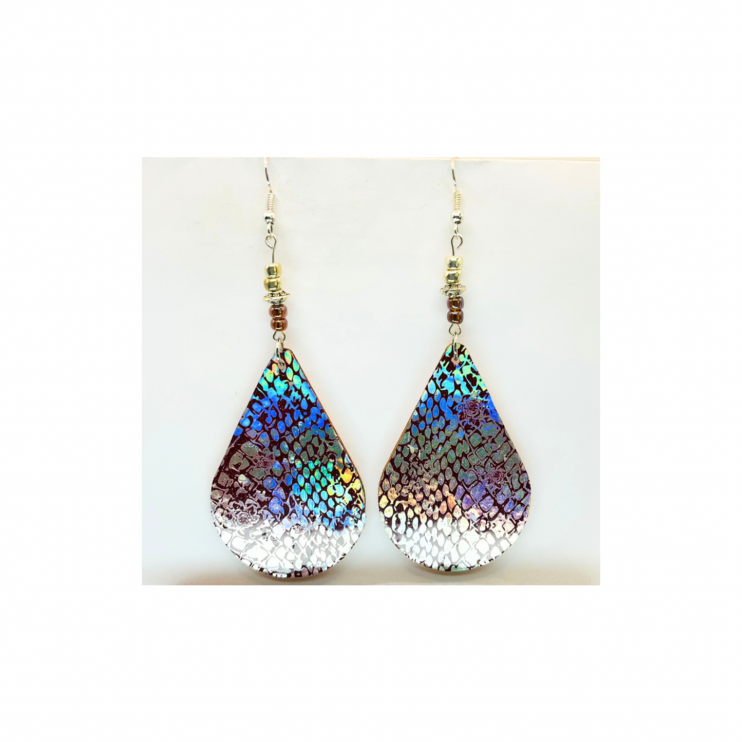 Silver and Brown Snake Skin Lightweight Wood Dangle Earrings