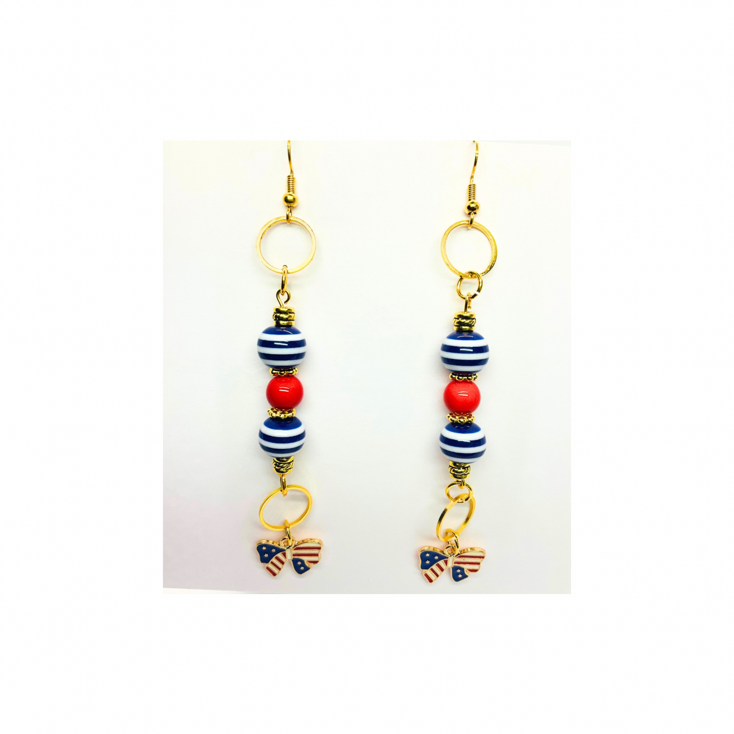 Patriotic Collection Long Beads with Bow Charm Dangle Earrings Red White Blue Striped Beads Gold Accents