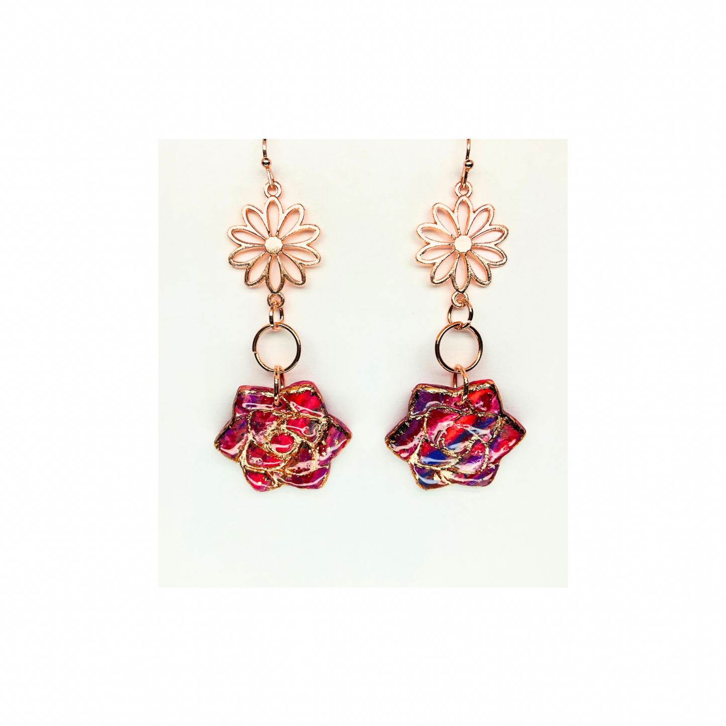 Rose Gold Collection Rose Shape Dangle Earrings with Colorful Floral Design and Elegant Daisy Top