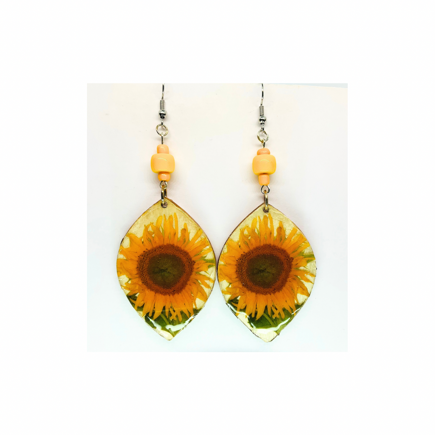 French Garden Collection Teardrop Wood Sunflower Dangle Earring with Yellow Beads and Silver Hooks