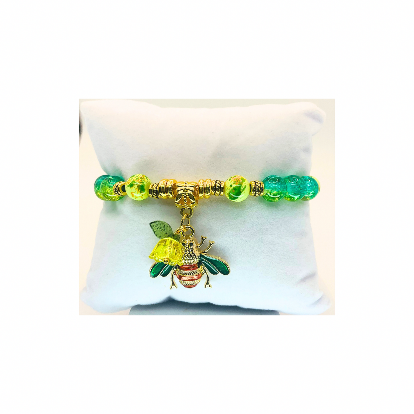 Green Crystal and Gold Beaded Bracelet with Bee Charm-Crafting By BB