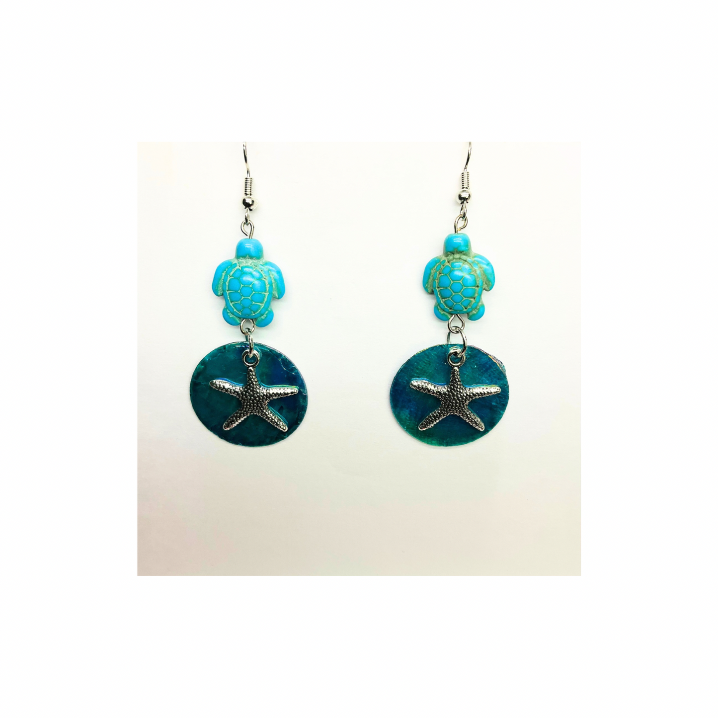 Ocean Collection Blue Flat Shell with Star Fish and Turtle Dangle Earring - Unique Sea Life Design