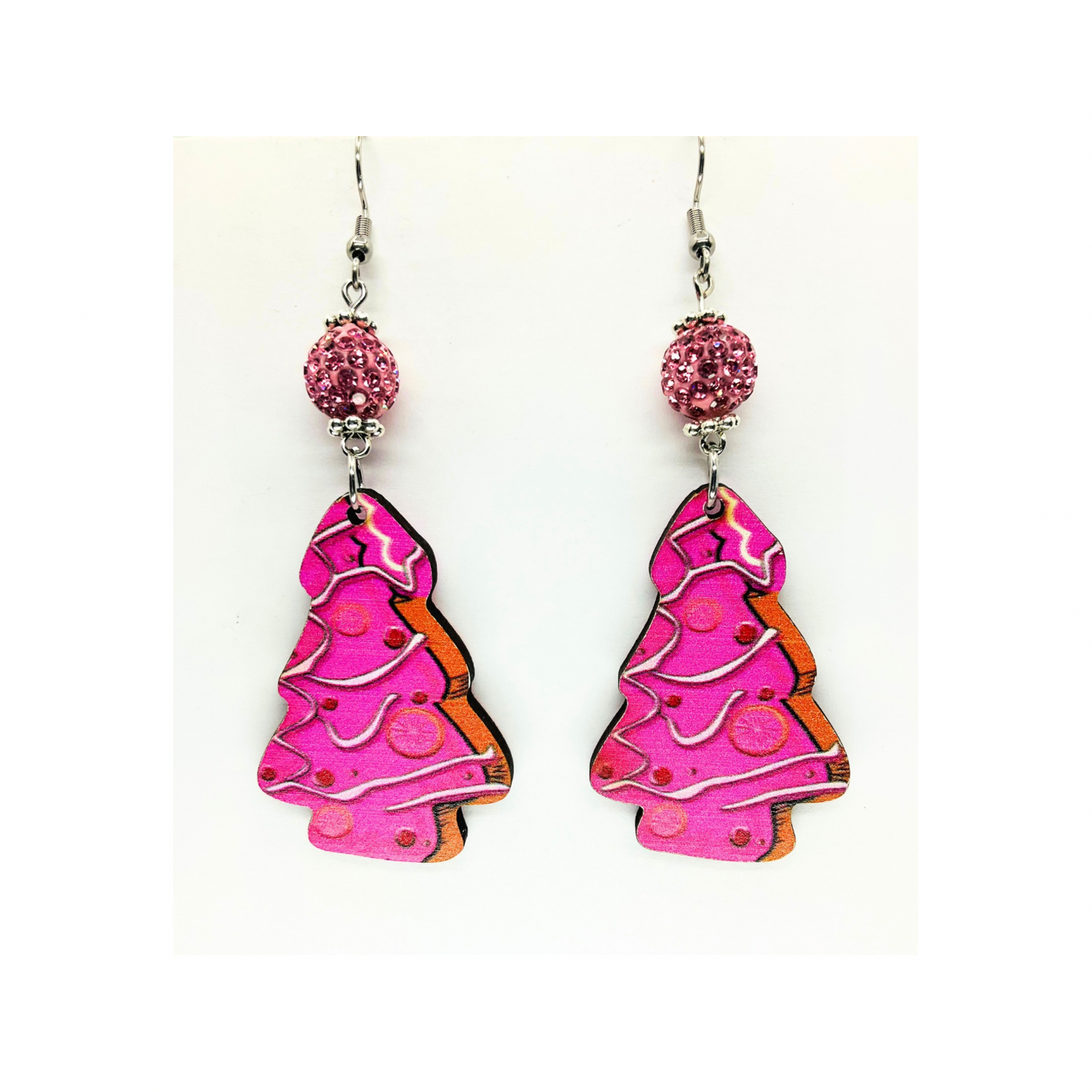 Pink Wood Christmas Tree Earrings with Pink Sparkle Bead Dangle for Festive Season