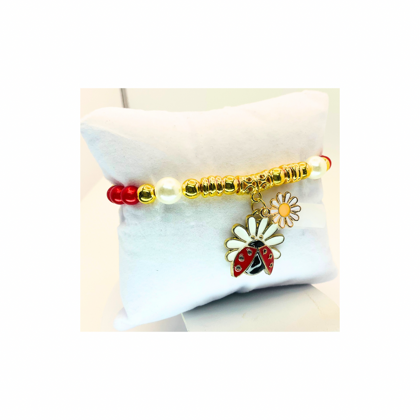 Red and Pearl Beaded Stretch Bracelet with Ladybug charm-Crafting By BB