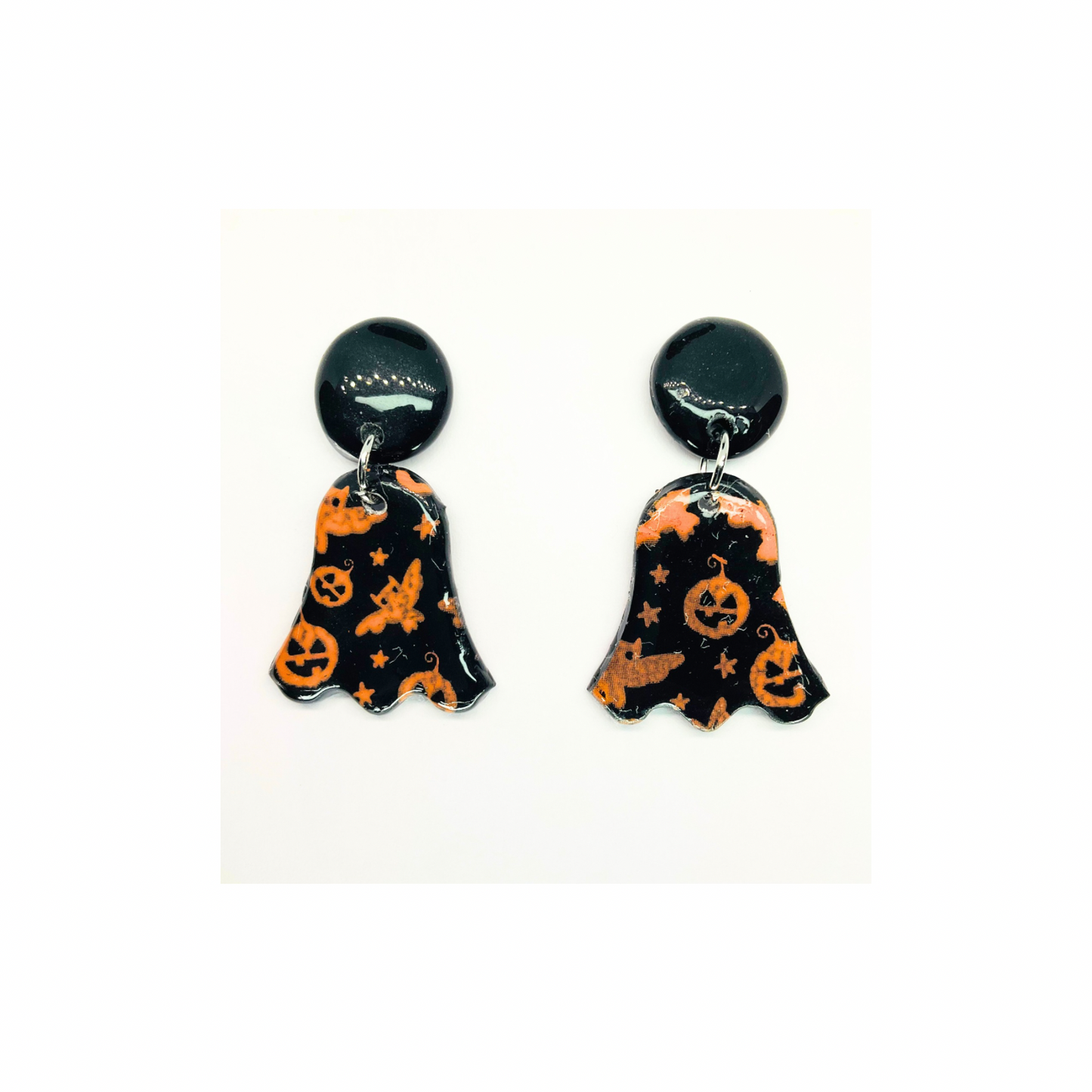 Fall Collection Black and Orange Ghost with Stud Button Dangle Earring Halloween Design