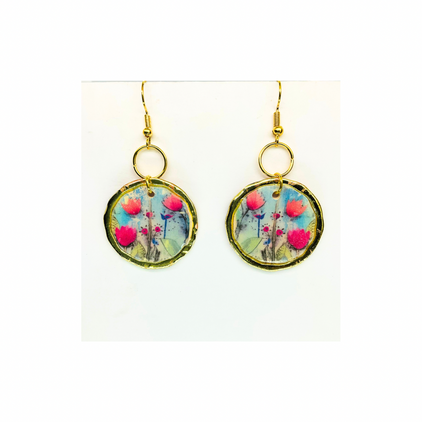 French Garden Collection Gold Round Floral Dangle Earring with Vibrant Pink and Blue Flowers for Elegant Looks