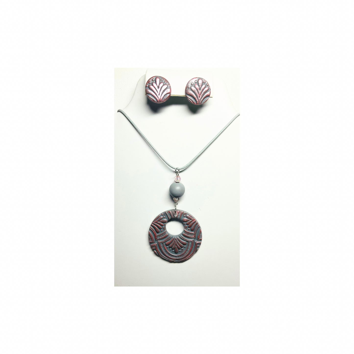 Gray and Pearl Pink Circle Jewelry Pendant and Stud Earring Set with Unique Design and Gray Bead Accent