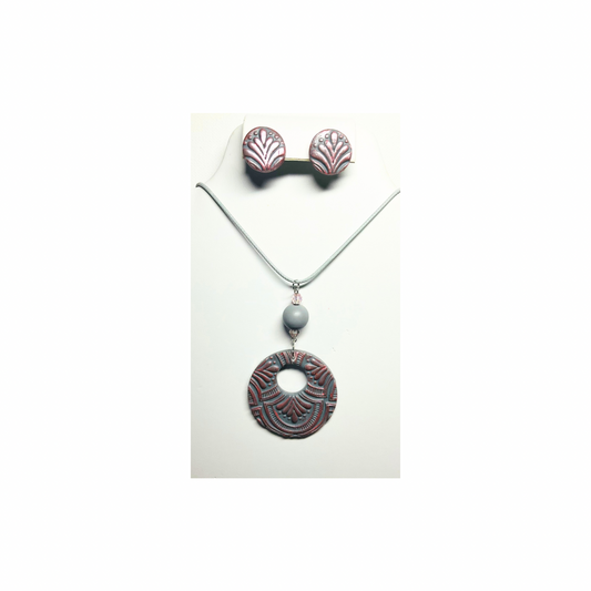 Gray and Pearl Pink Circle Jewelry Pendant and Stud Earring Set with Unique Design and Gray Bead Accent