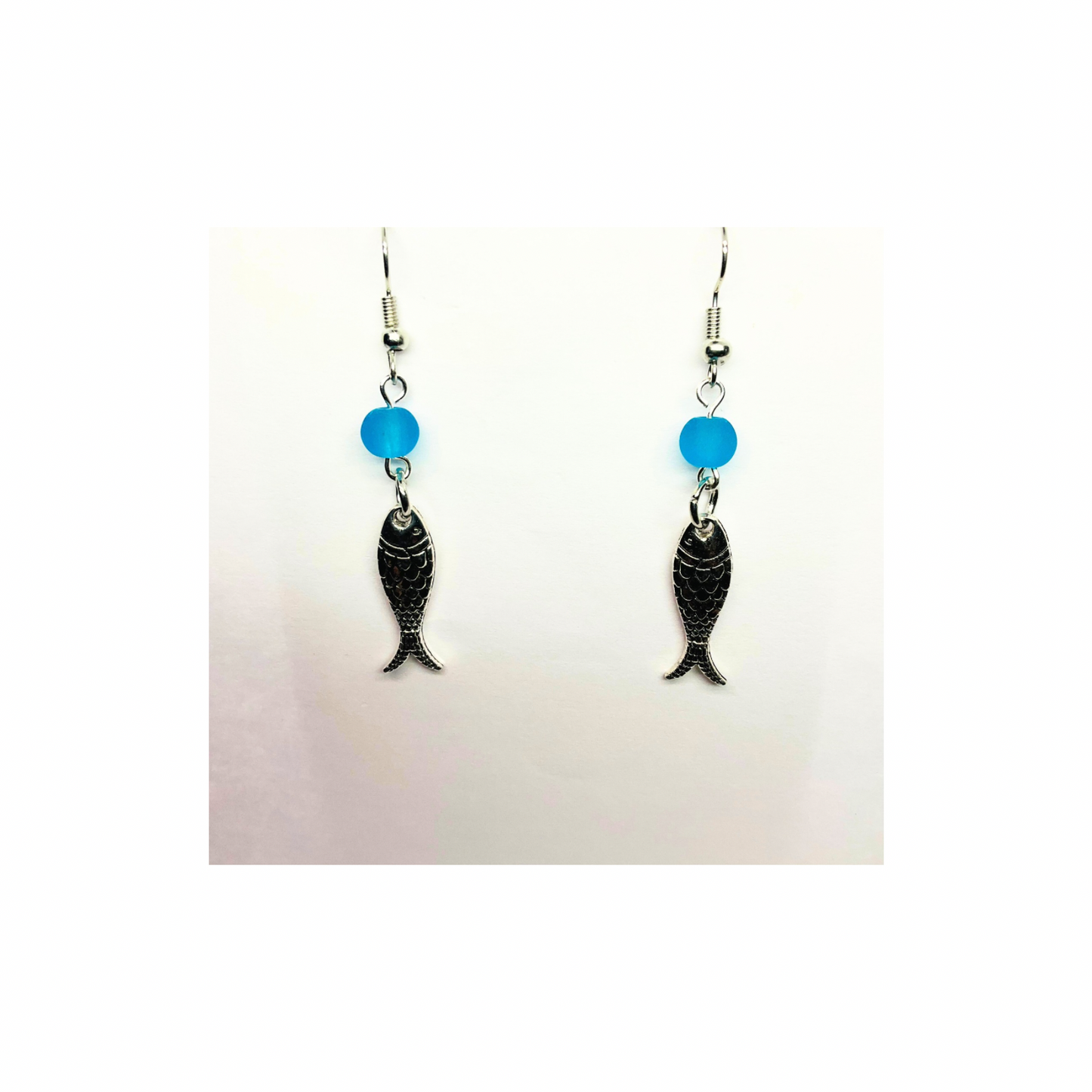 Ocean Collection Silver Fish with Blue Bead Dangle Earring - Elegant Female Accessory for Casual & Formal Events
