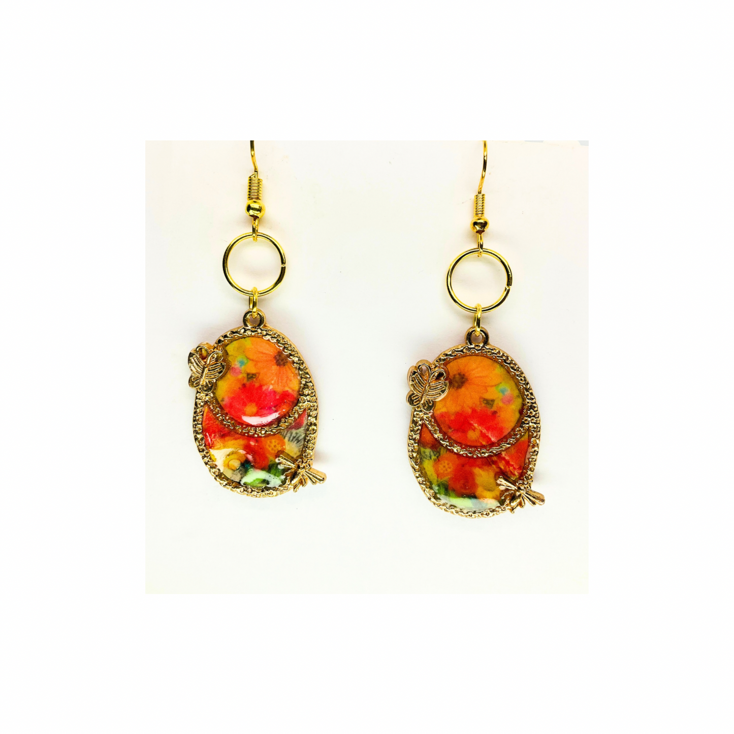 French Garden Collection Oval Gold Butterflies with Floral Dangle Earring Elegant Design for Versatile Styling
