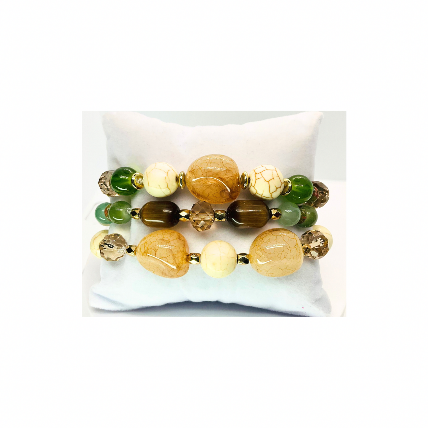Cream and Green Set of Three Stretch 7-Inch Beaded Bracelet Set with Unique Bead Designs for Everyday Wear