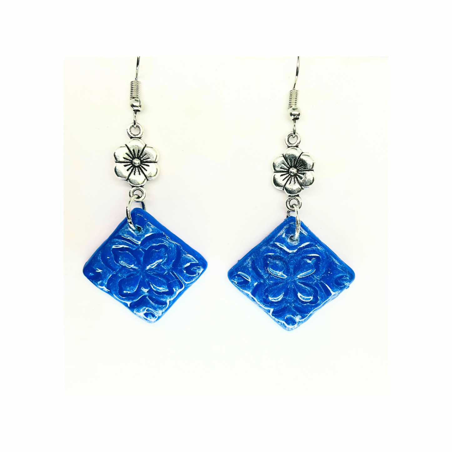 Blue Tile 132 with Silver Flower Charm Dangle Earrings - Square Design & Colorful Appeal