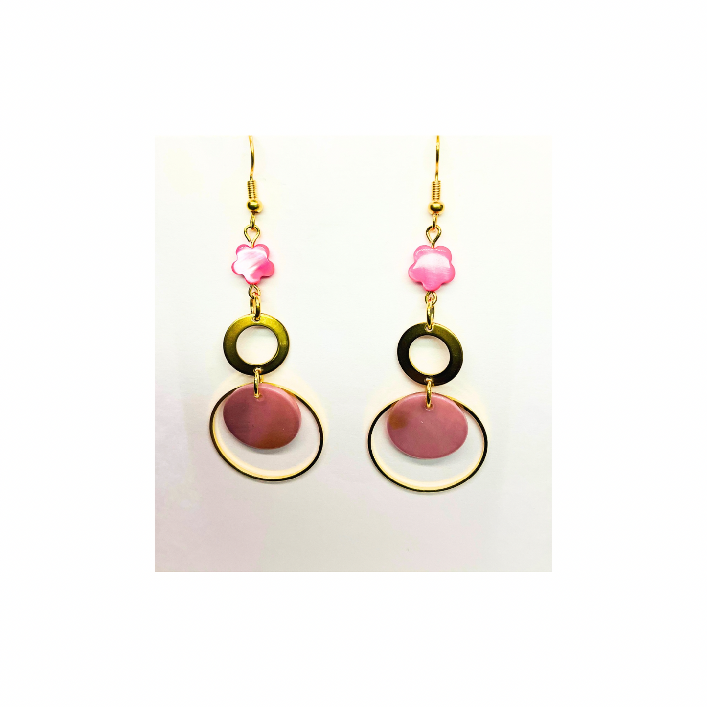 Pink Shell Collection Pink Circle with Gold and a Pink Bead Dangle Earrings for Female Fashion Jewelry
