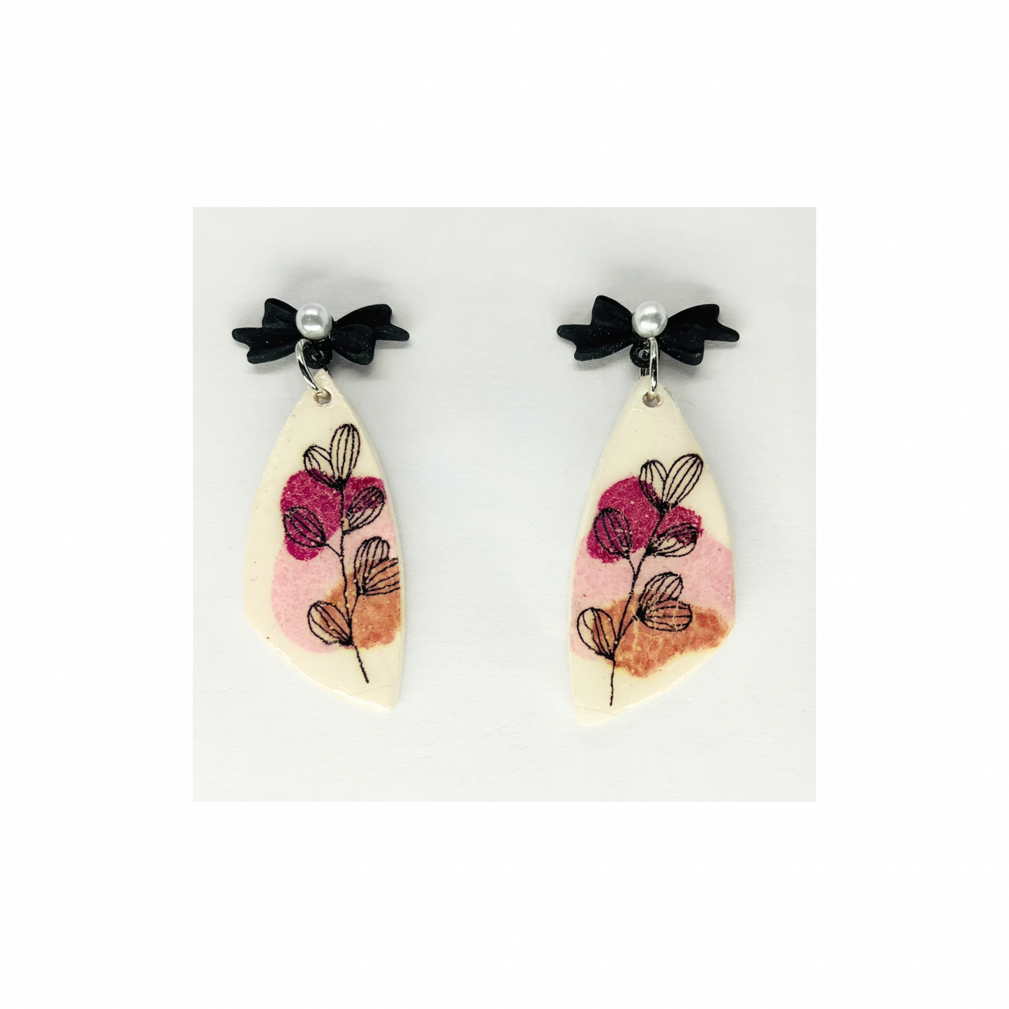 Flower Line Art Dangle with Black Pearl Bow Stud Earring-Crafting By BB