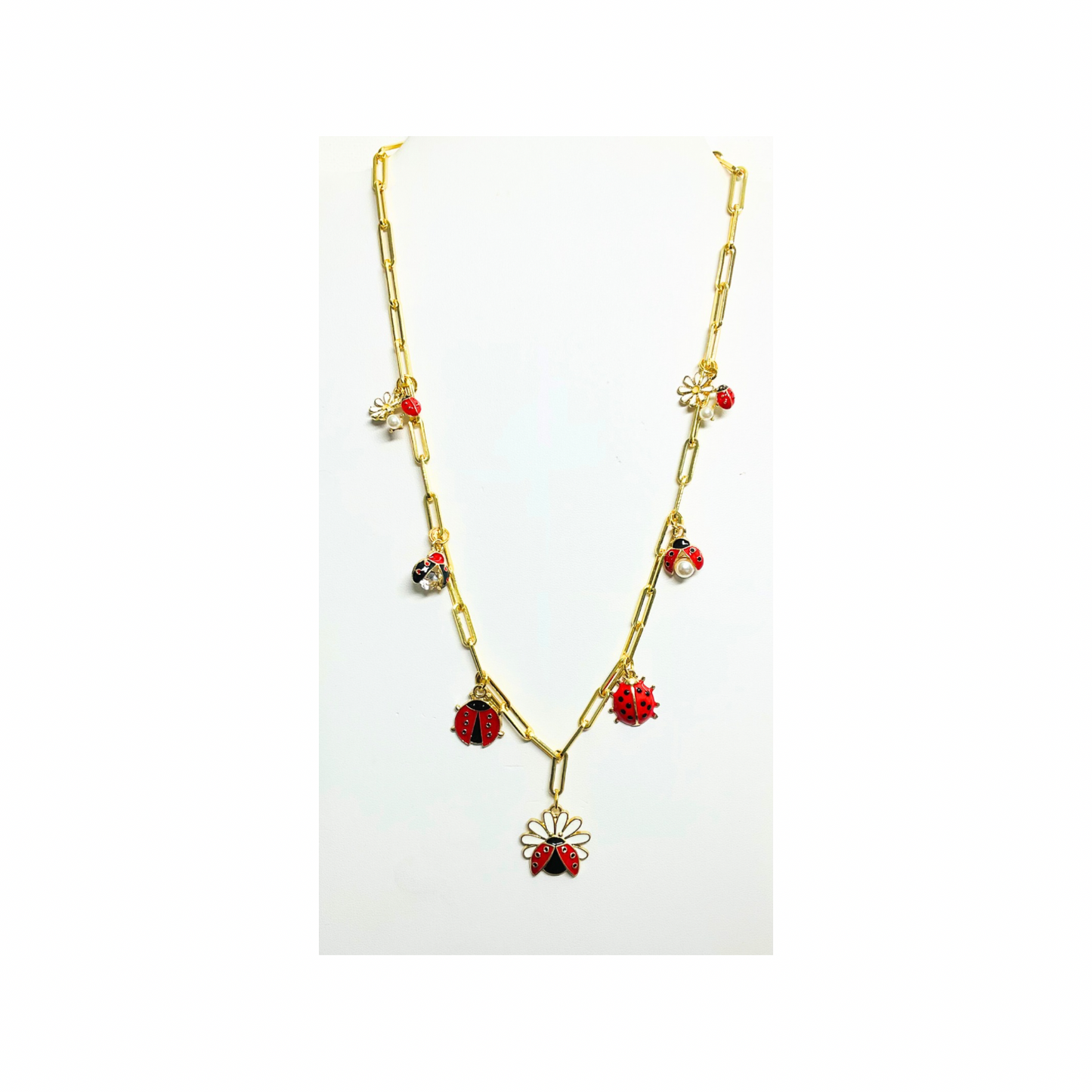 Gold Paperclip Chain Ladybug 18-inch Charm Necklace with Red Beads and Floral Accents for Women