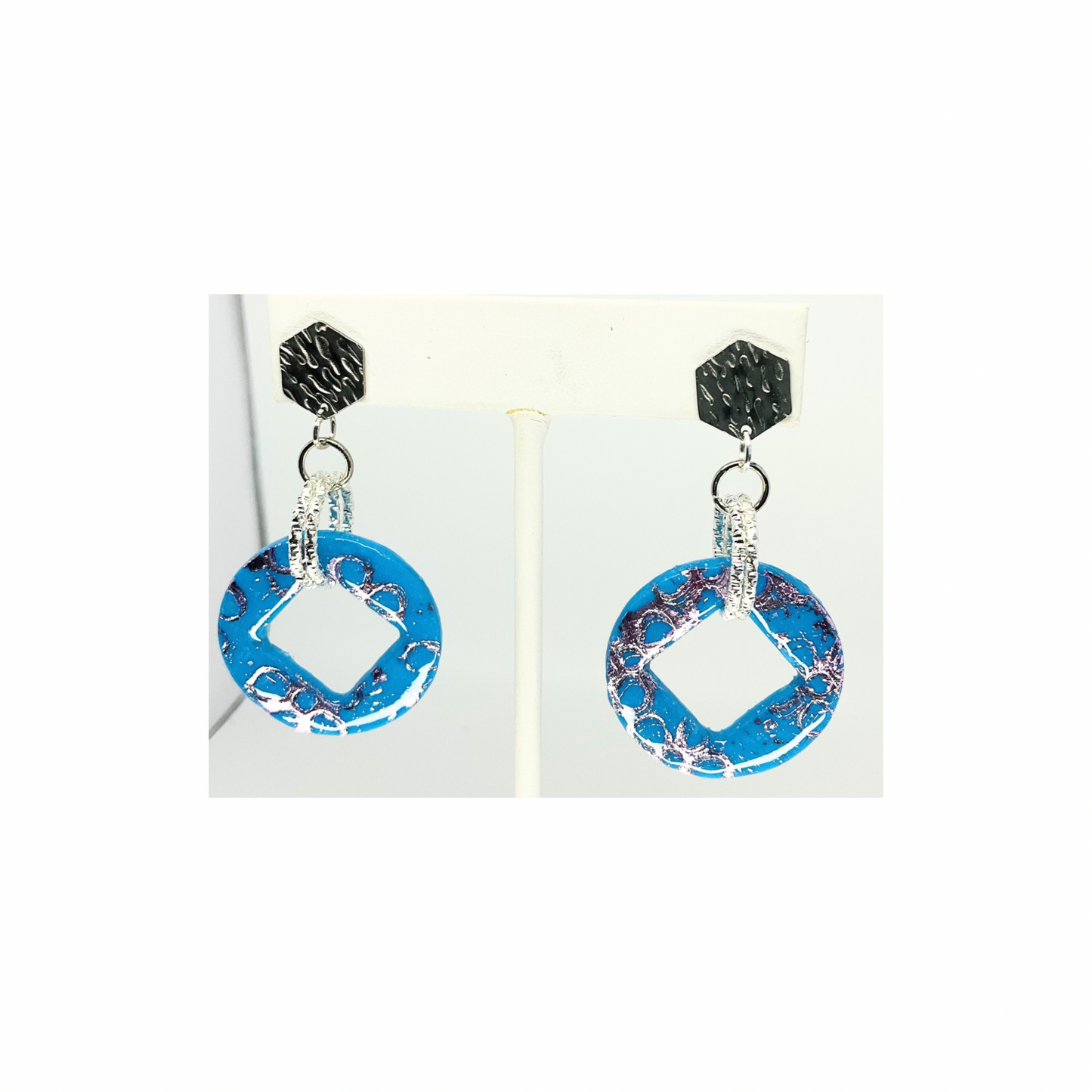 Azure Blue and Purple with Silver Hexagon Stud Dangle Earring-Crafting By BB