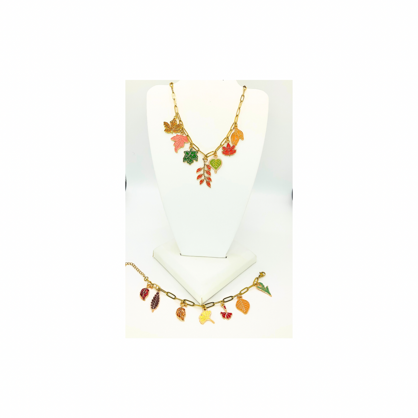 Fall Collection Charm 18-Inch Paperclip Necklace and Bracelet Set with Vibrant Leaf Charms for Seasonal Style