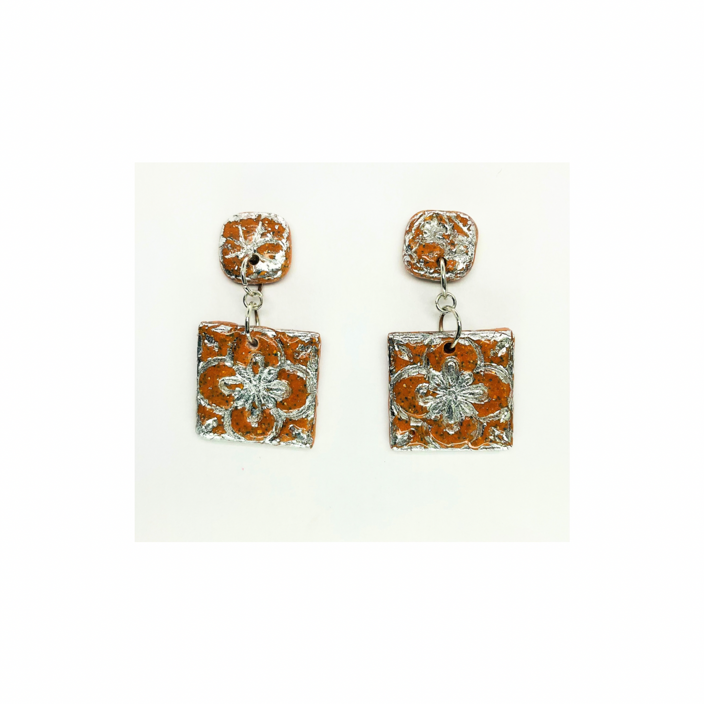 Terracotta Tile Stud Square with Silver Accents Dangle Earrings - Teracotta and Silver Design