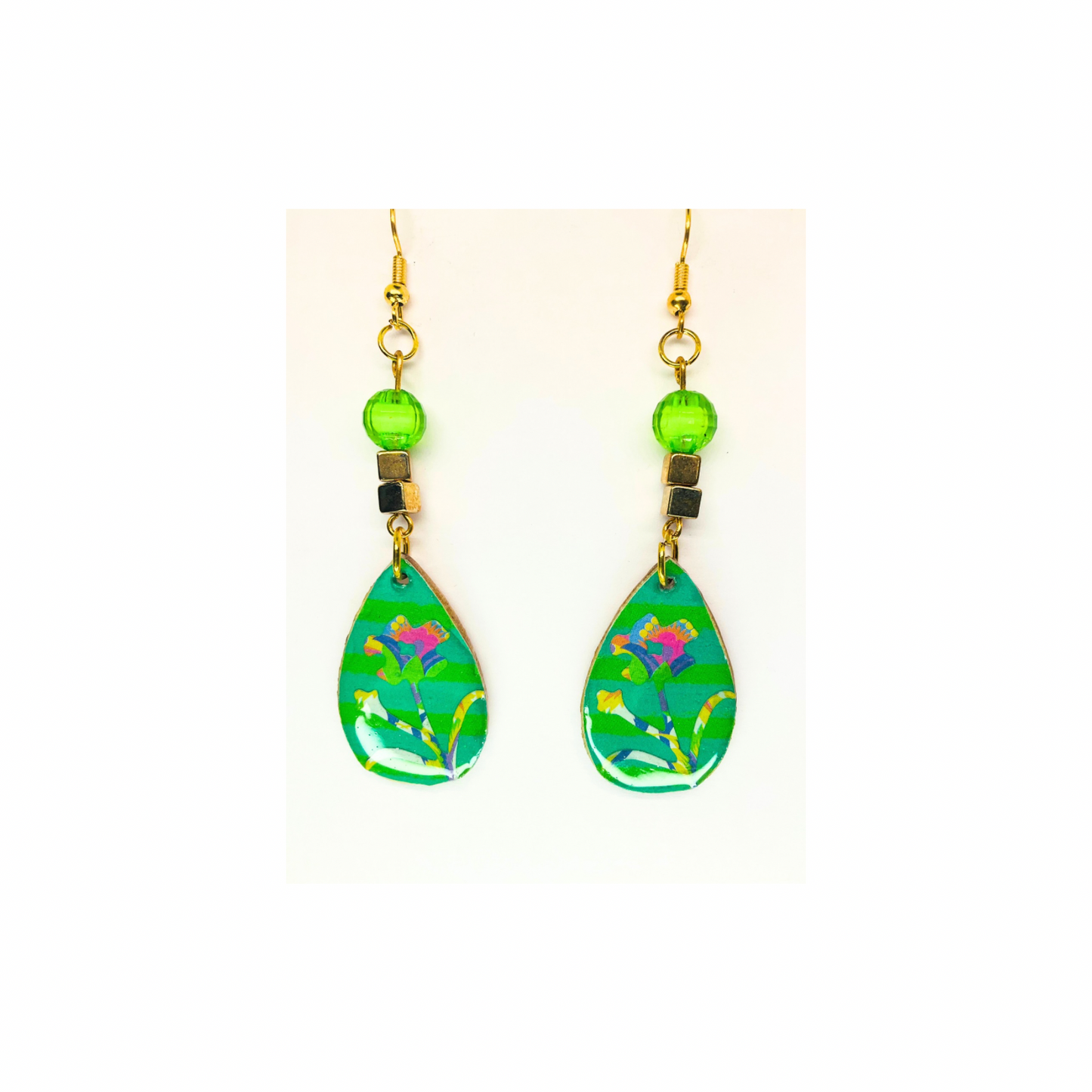 BOHO Wood Dangle Teardrop Earring Handmade with Flower Motif & Green Bead Top Quality Handcrafted Jewelry