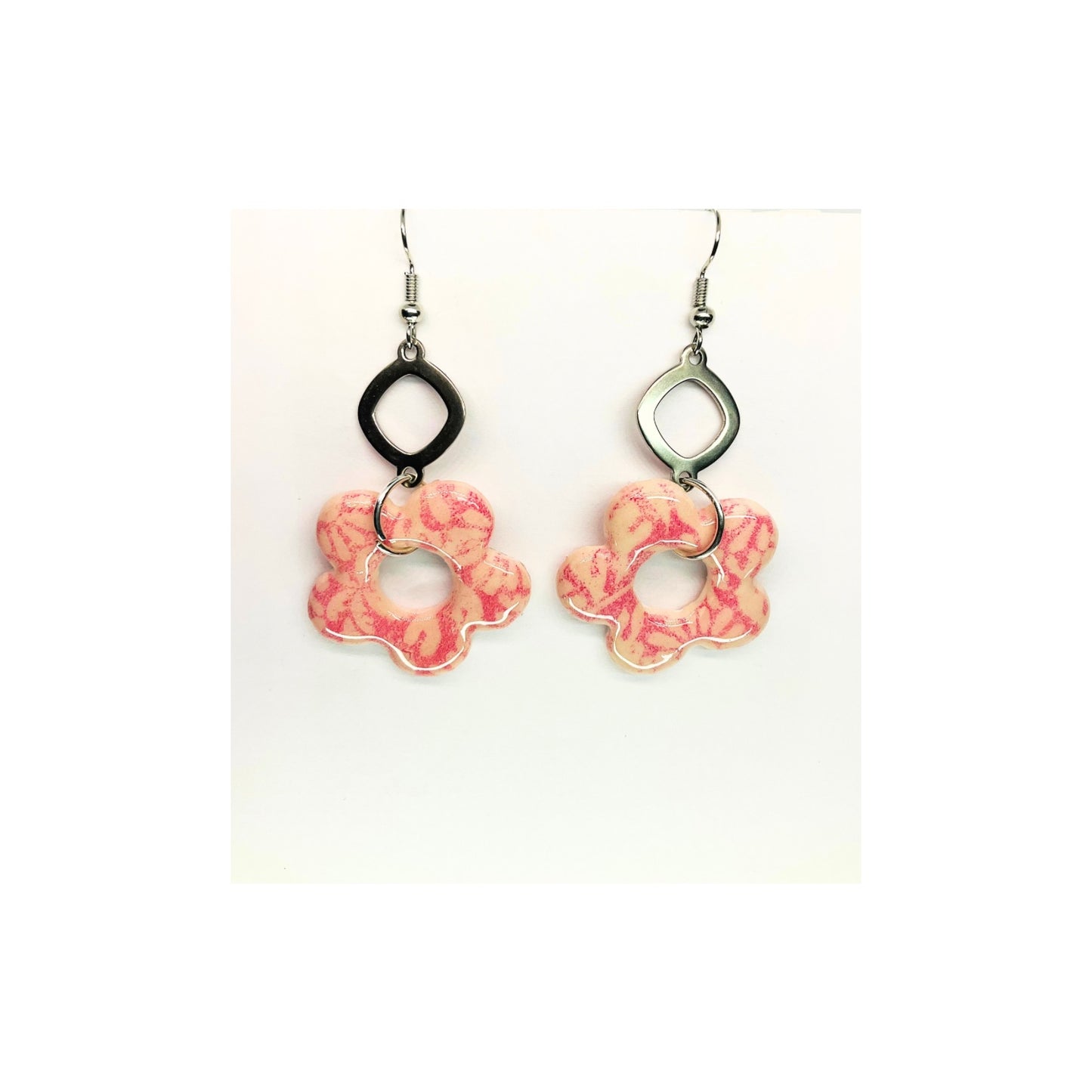 Beach Bloom Collection Pink Flower with Silver Dangle Earrings