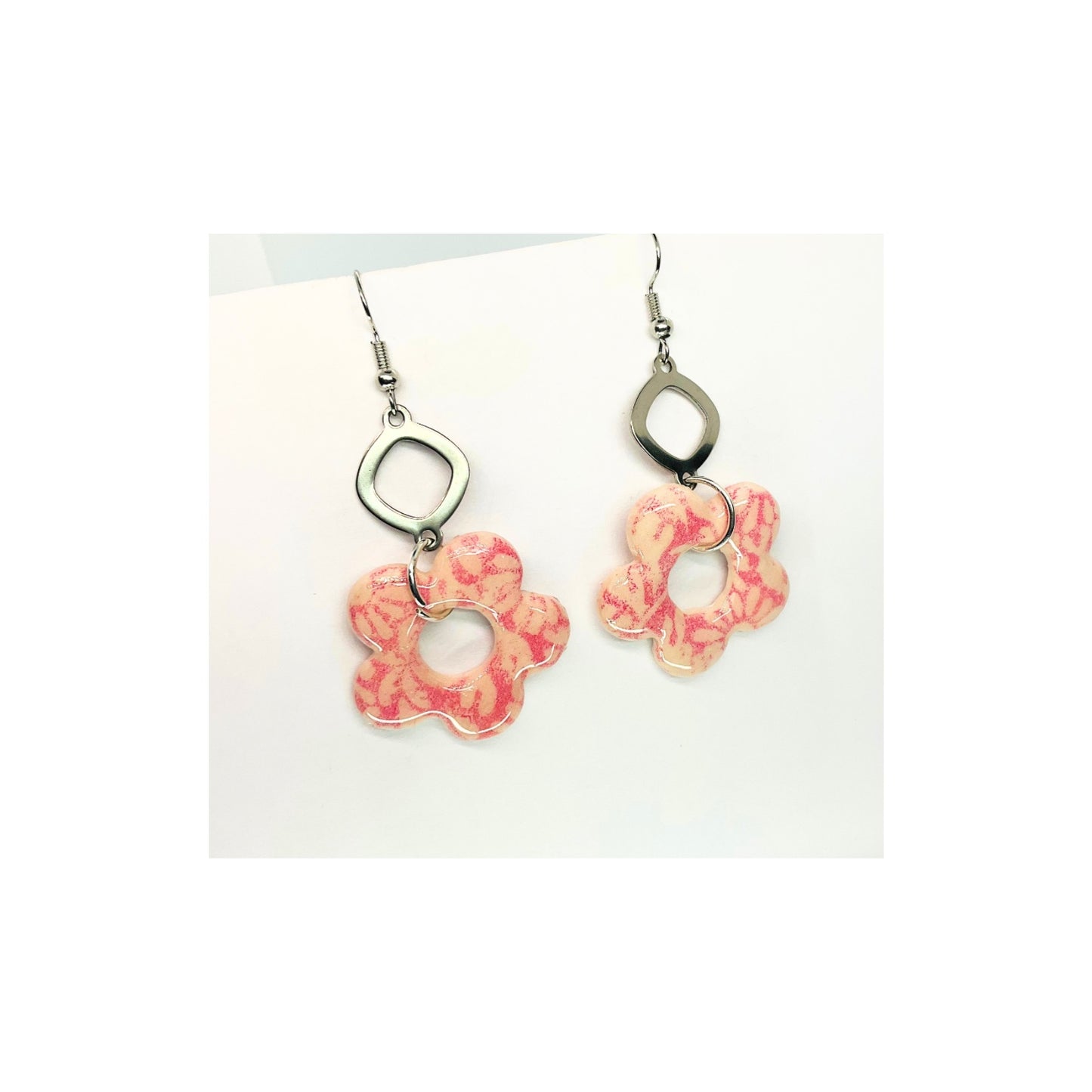Beach Bloom Collection Pink Flower with Silver Dangle Earrings