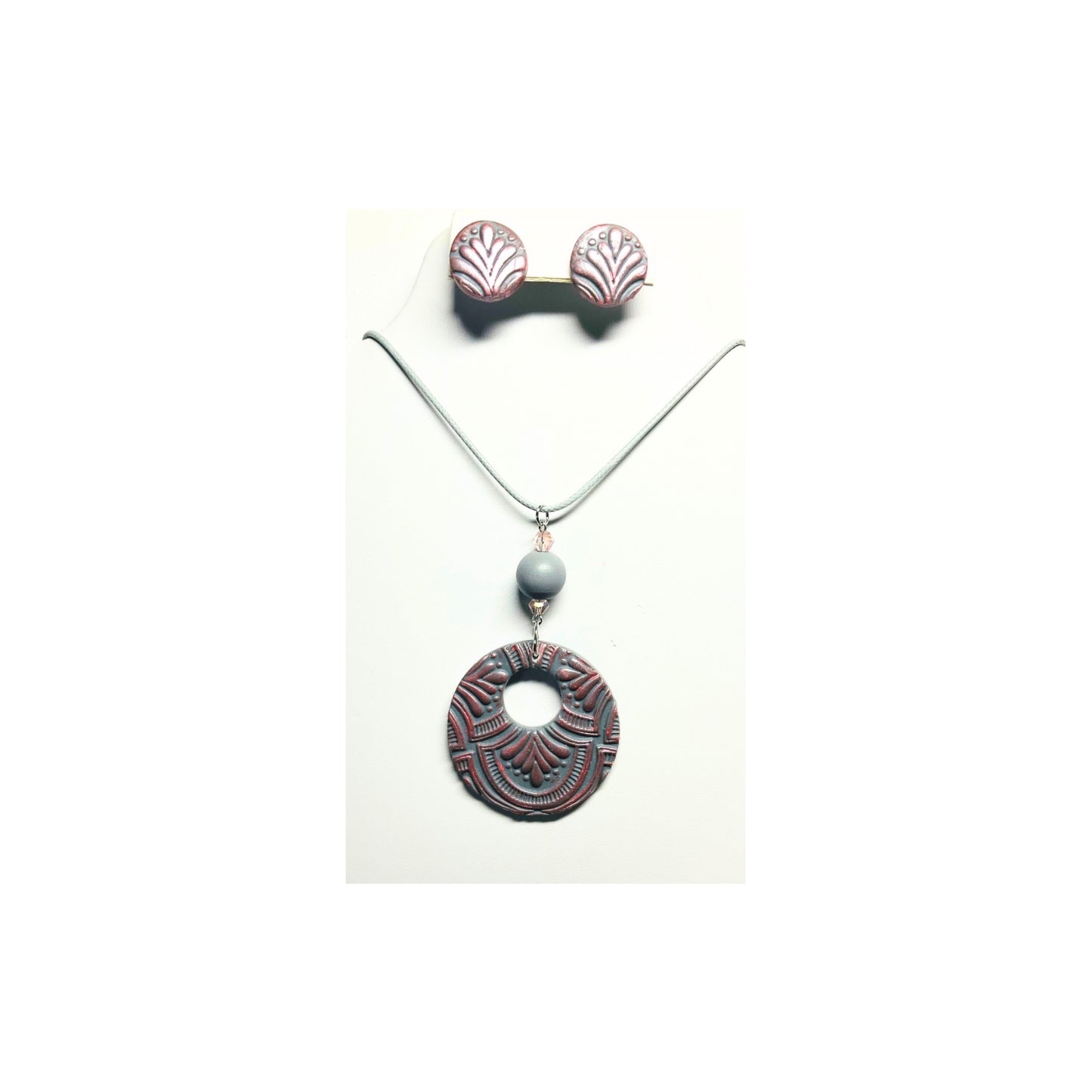Gray and Pearl Pink Circle Pendant and Stud Earring Set