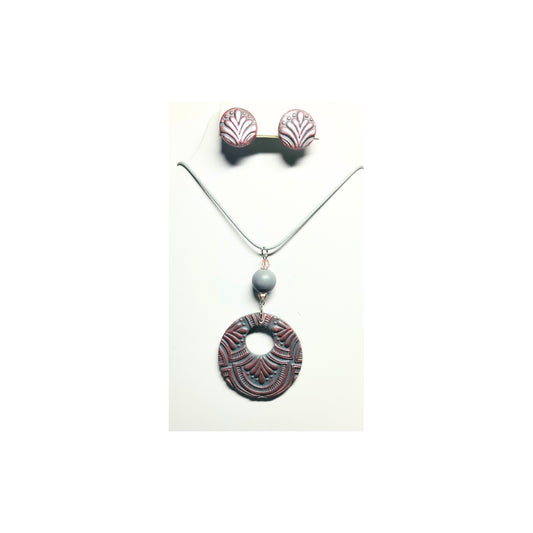 Gray and Pearl Pink Circle Pendant and Stud Earring Set
