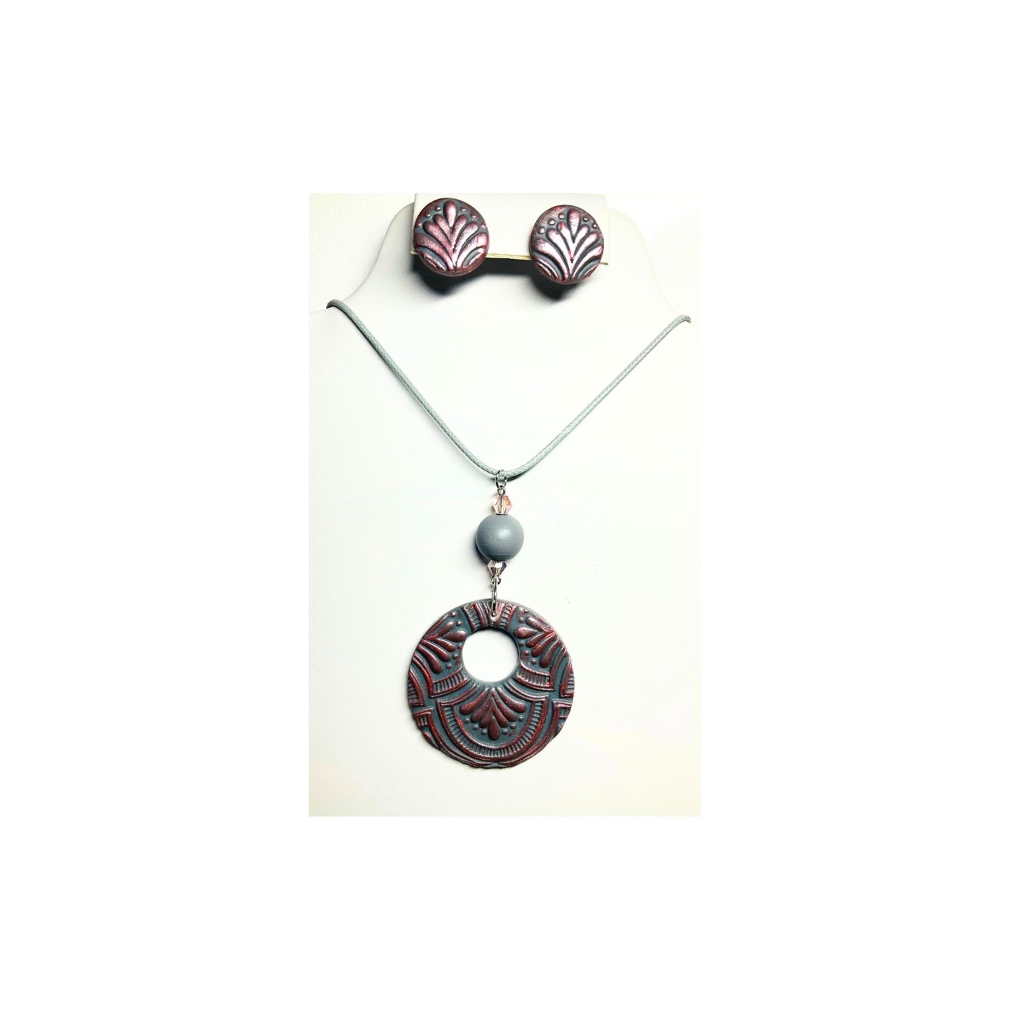 Gray and Pearl Pink Circle Pendant and Stud Earring Set