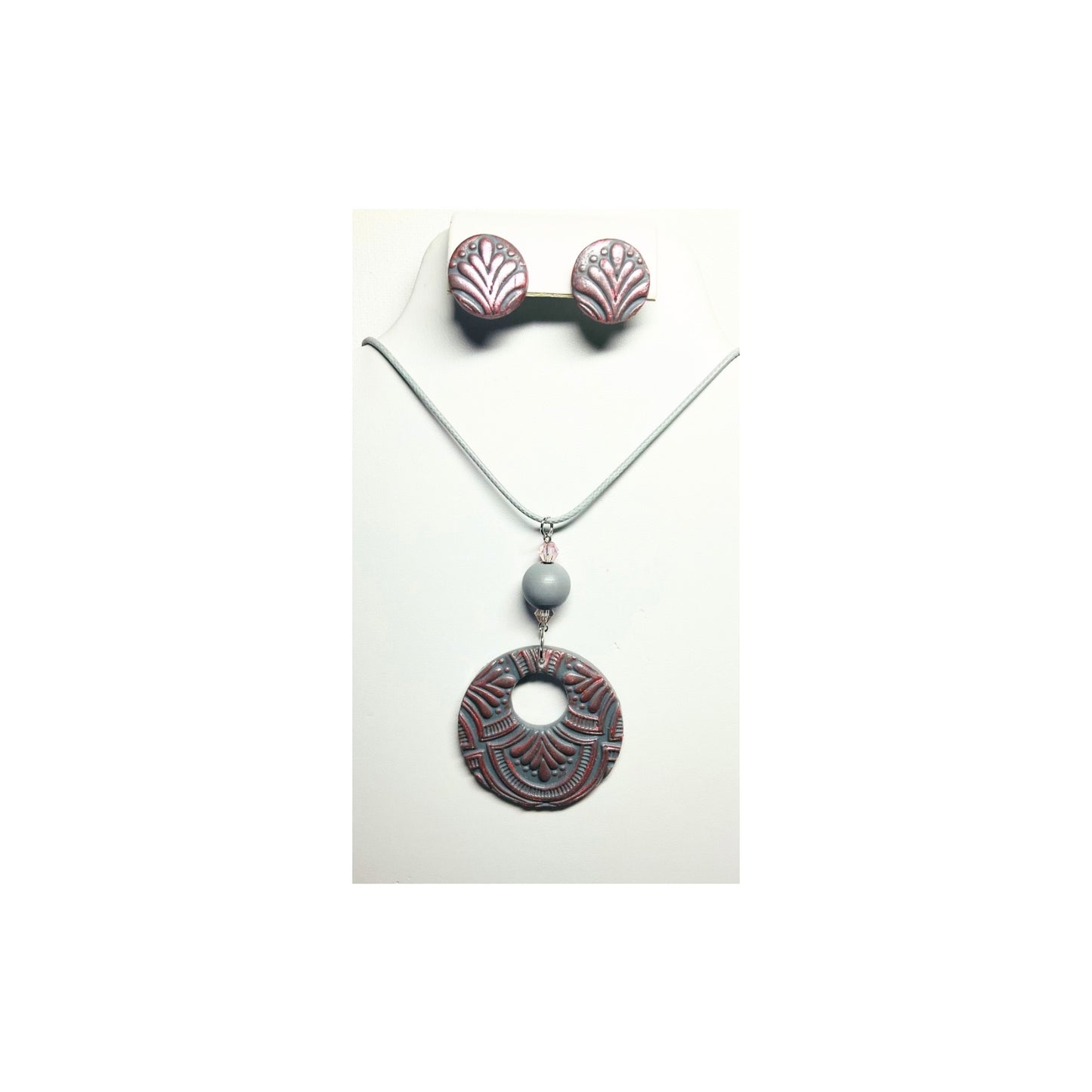 Gray and Pearl Pink Circle Pendant and Stud Earring Set