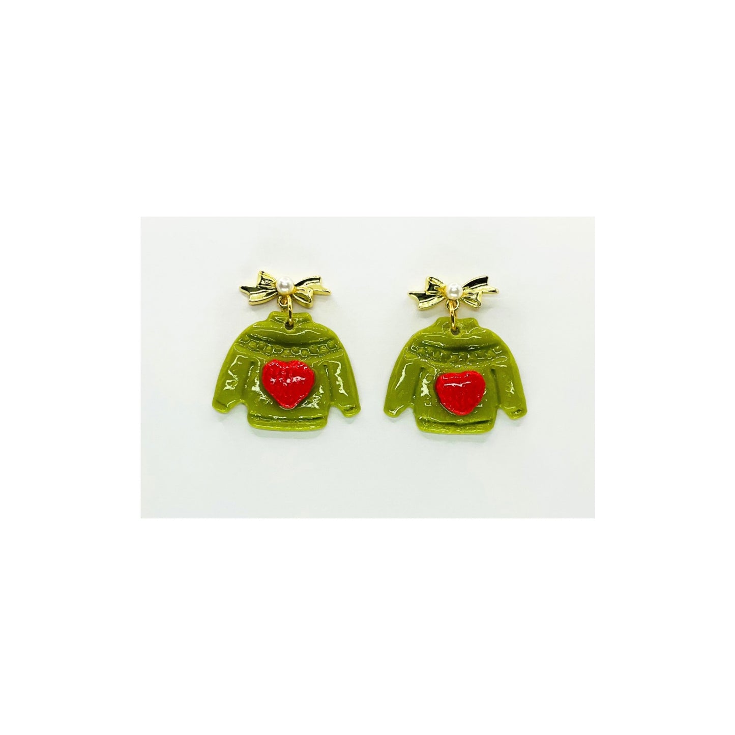 Green Sweater with Red Heart Dangle & Gold Bow Stud