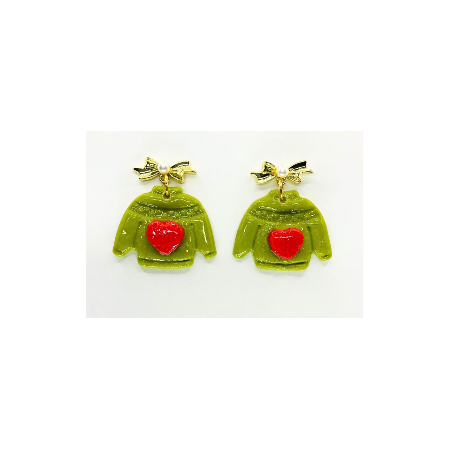 Green Sweater with Red Heart Dangle & Gold Bow Stud
