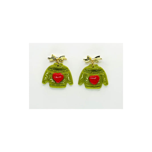 Green Sweater with Red Heart Dangle & Gold Bow Stud
