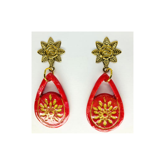 Red Teardrop Starburst with Gold Star Stud Dangle Earring-Crafting By BB