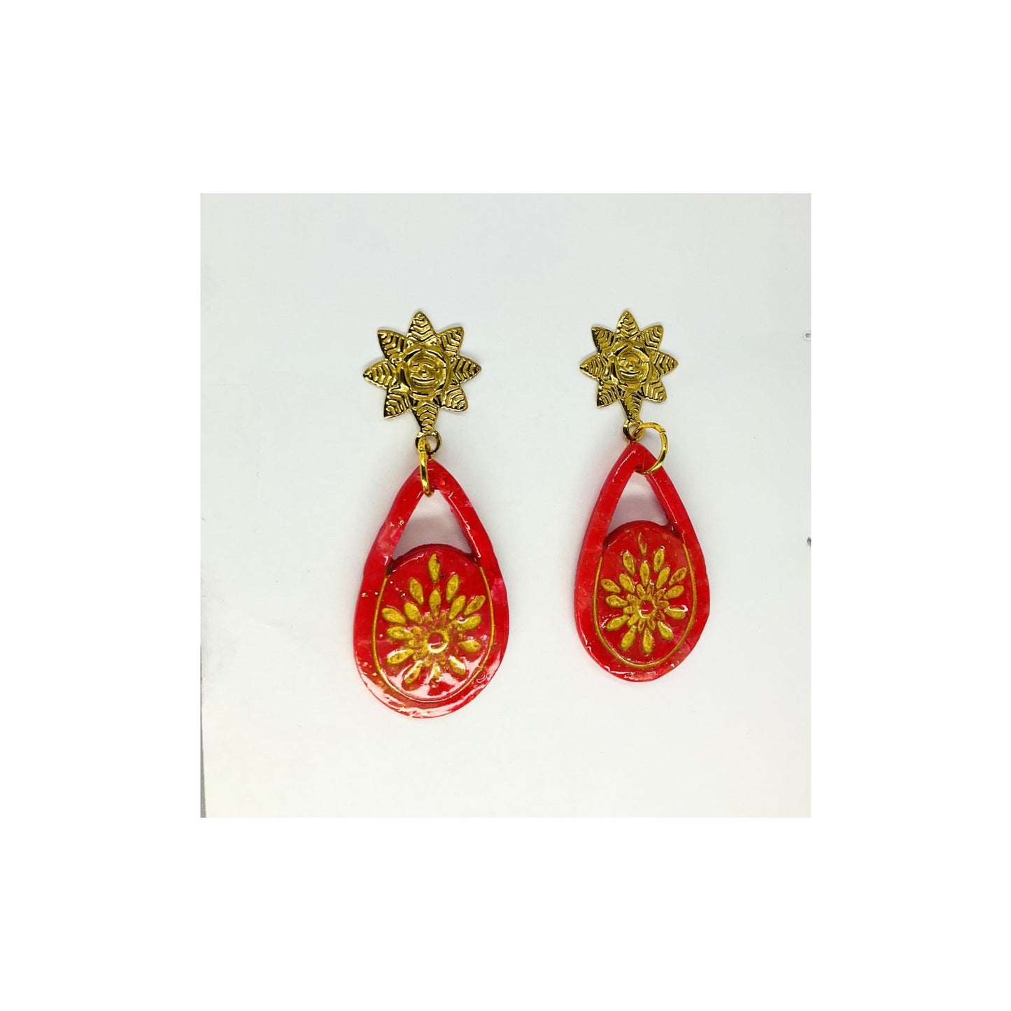 Red Teardrop Starburst with Gold Star Stud Dangle Earring-Crafting By BB