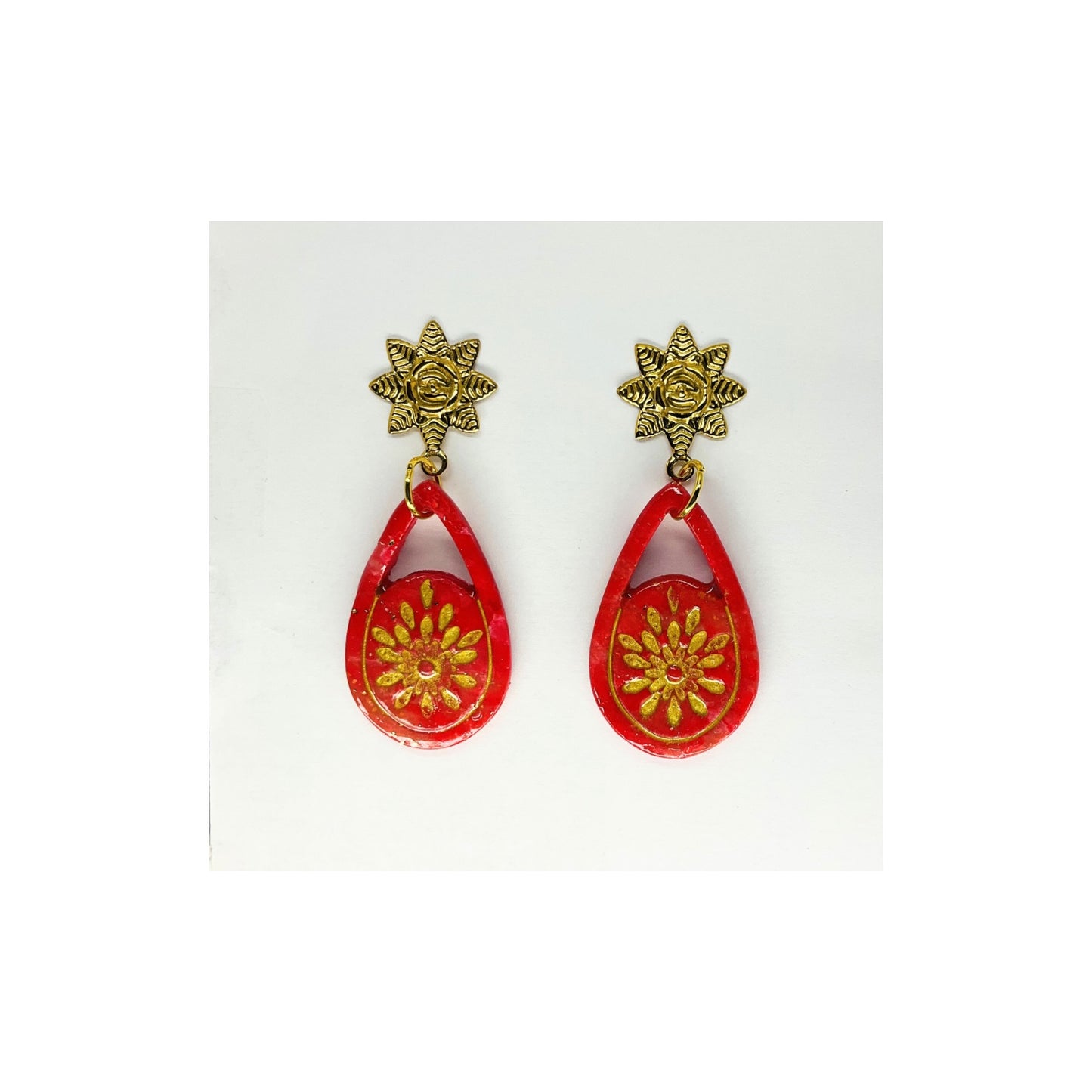 Red Teardrop Starburst with Gold Star Stud Dangle Earring-Crafting By BB