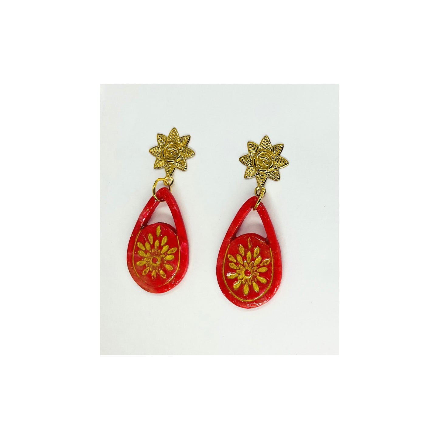 Red Teardrop Starburst with Gold Star Stud Dangle Earring-Crafting By BB