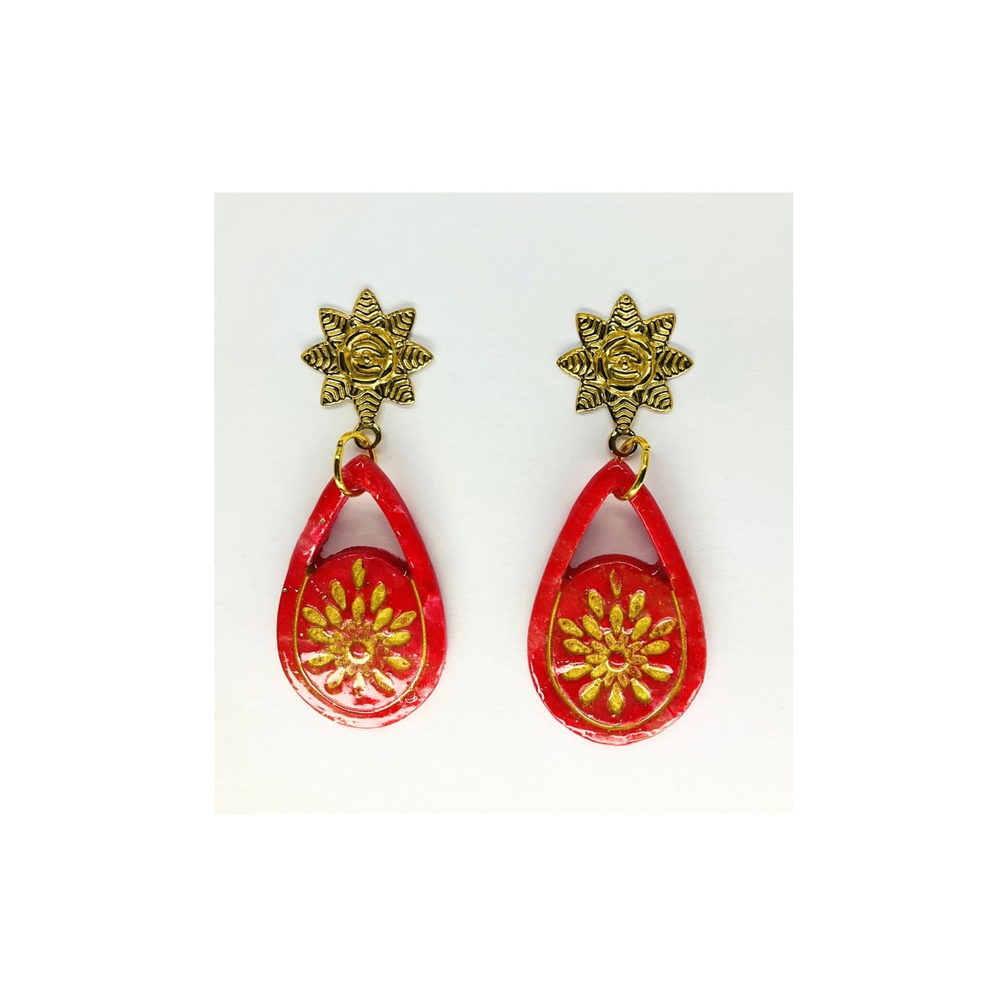 Red Teardrop Starburst with Gold Star Stud Dangle Earring-Crafting By BB