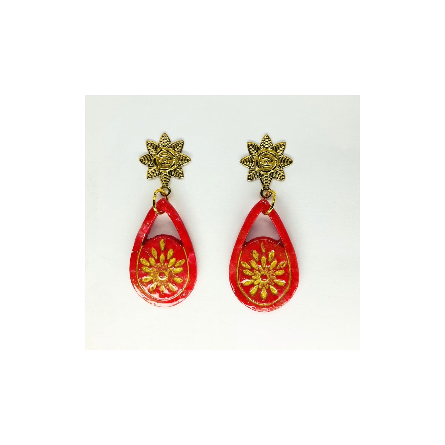 Red Teardrop Starburst with Gold Star Stud Dangle Earring-Crafting By BB