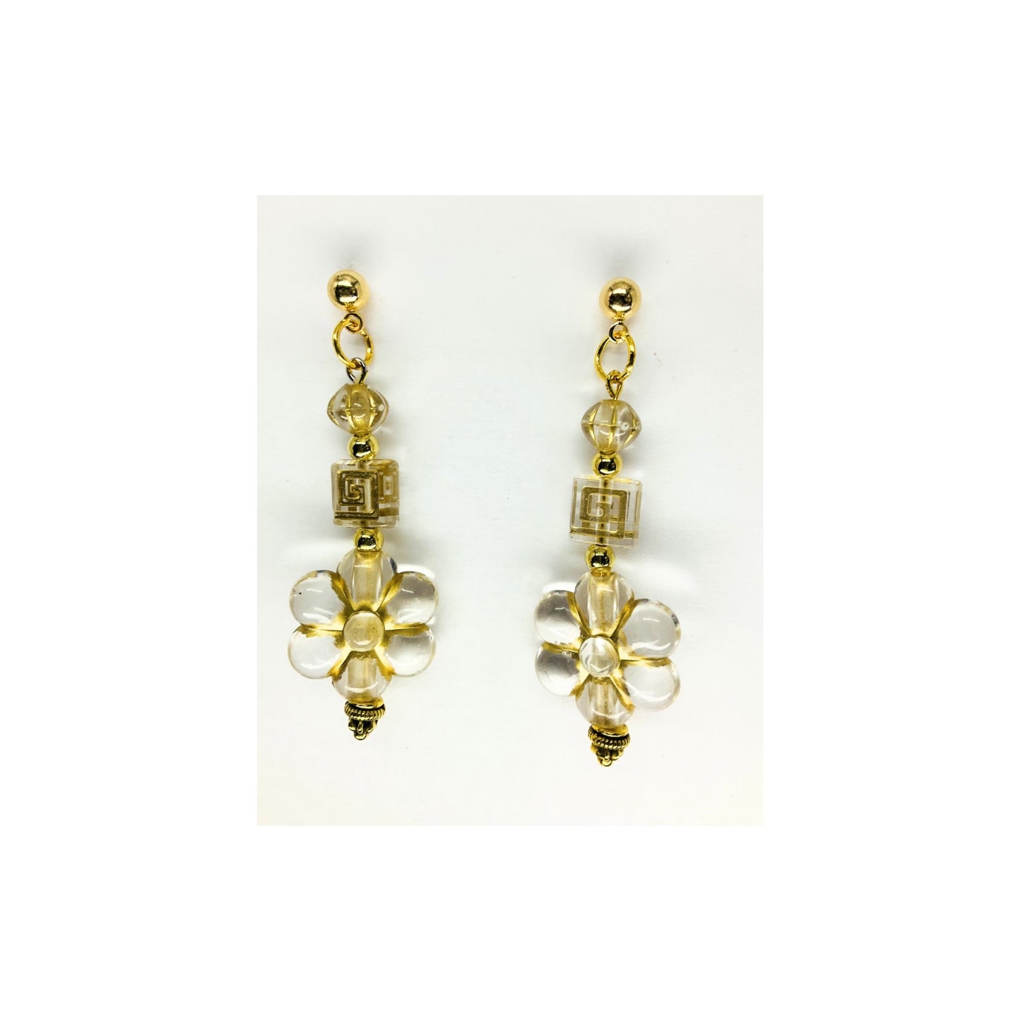 Clear and Gold Flower Czech Bead Dangle with Gold Ball Stud Earrings-Crafting By BB
