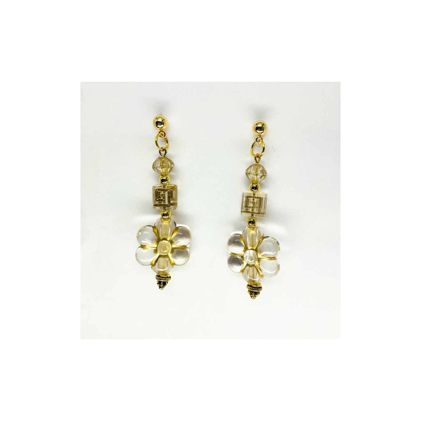 Clear and Gold Flower Czech Bead Dangle with Gold Ball Stud Earrings-Crafting By BB
