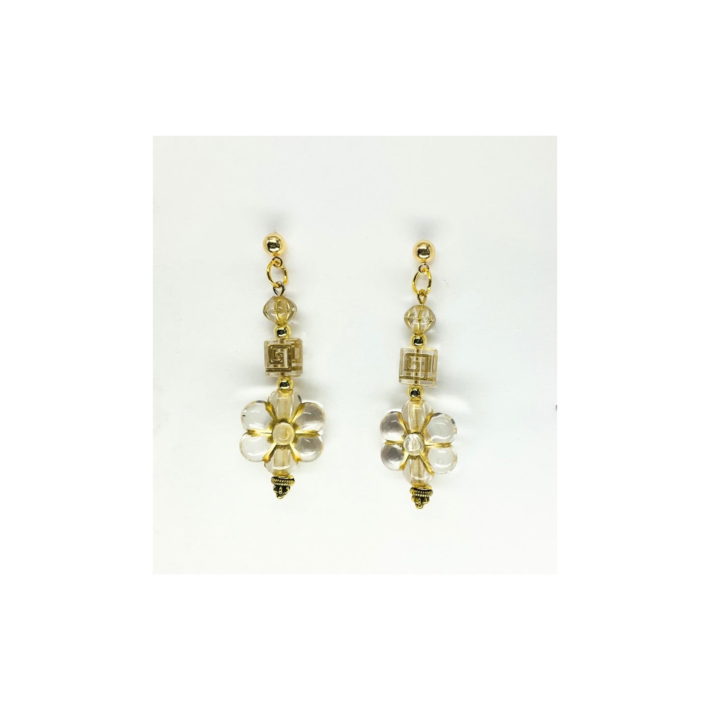Clear and Gold Flower Czech Bead Dangle with Gold Ball Stud Earrings-Crafting By BB