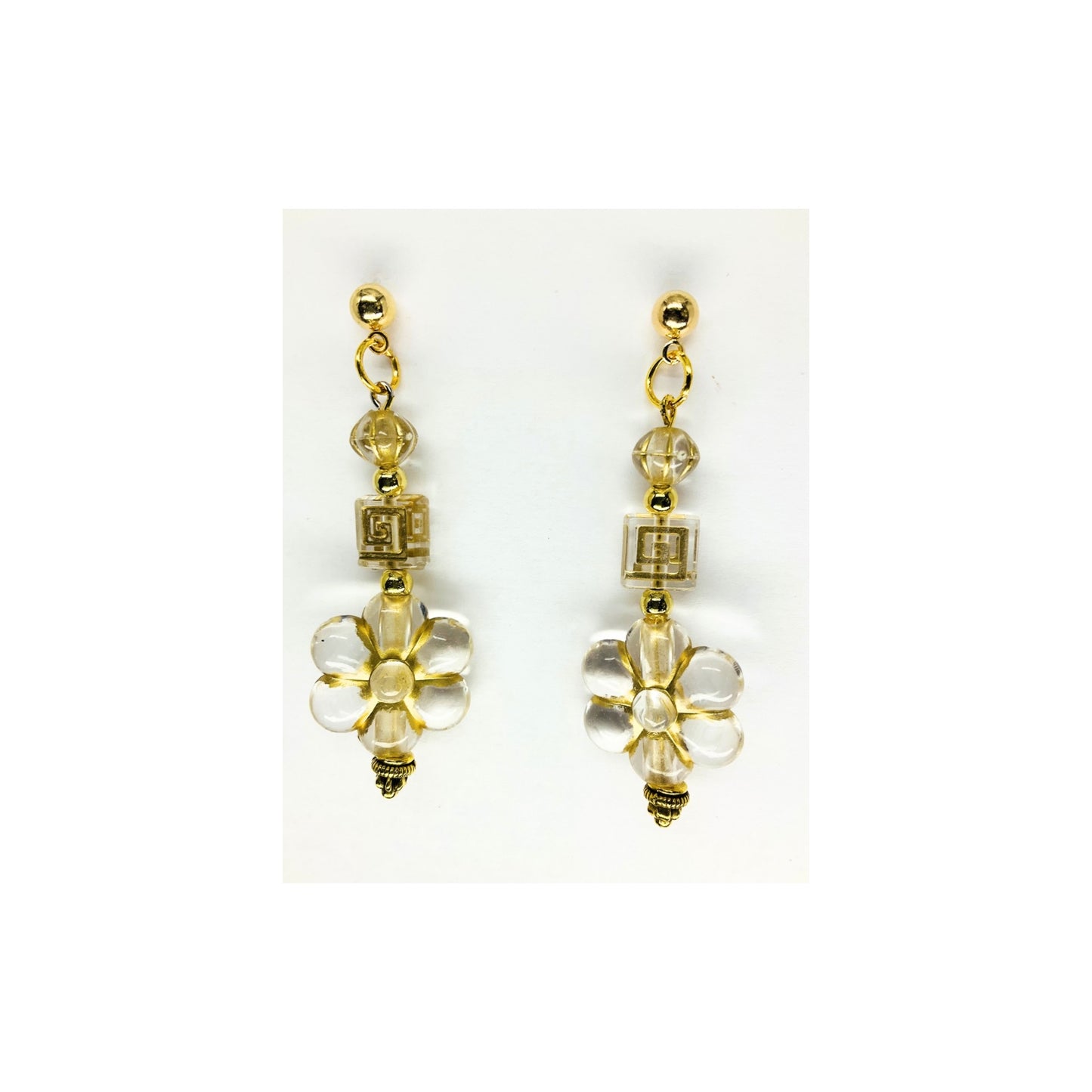 Clear and Gold Flower Czech Bead Dangle with Gold Ball Stud Earrings-Crafting By BB