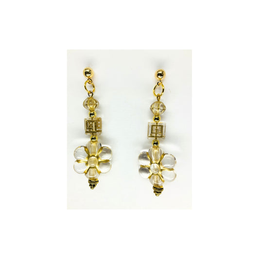 Clear and Gold Flower Czech Bead Dangle with Gold Ball Stud Earrings-Crafting By BB