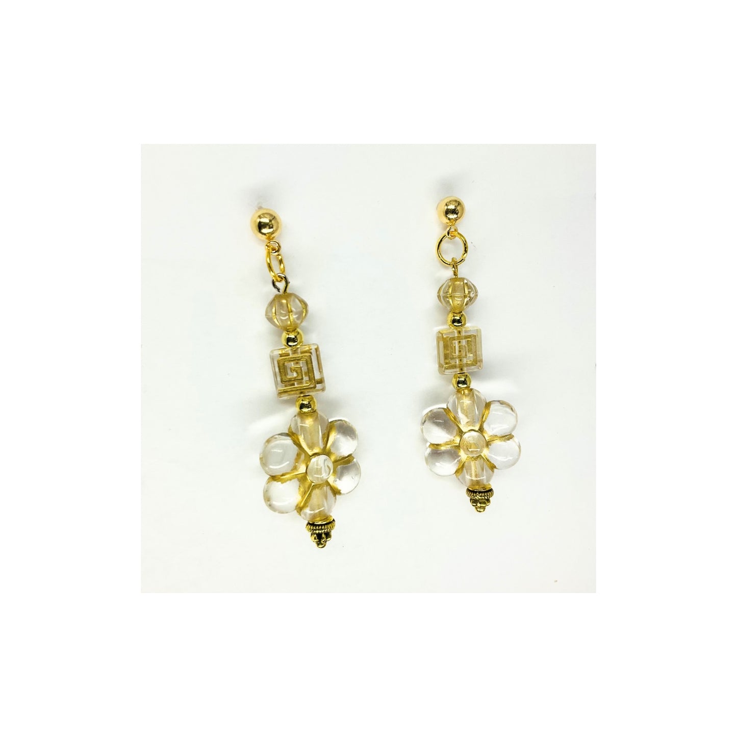 Clear and Gold Flower Czech Bead Dangle with Gold Ball Stud Earrings-Crafting By BB