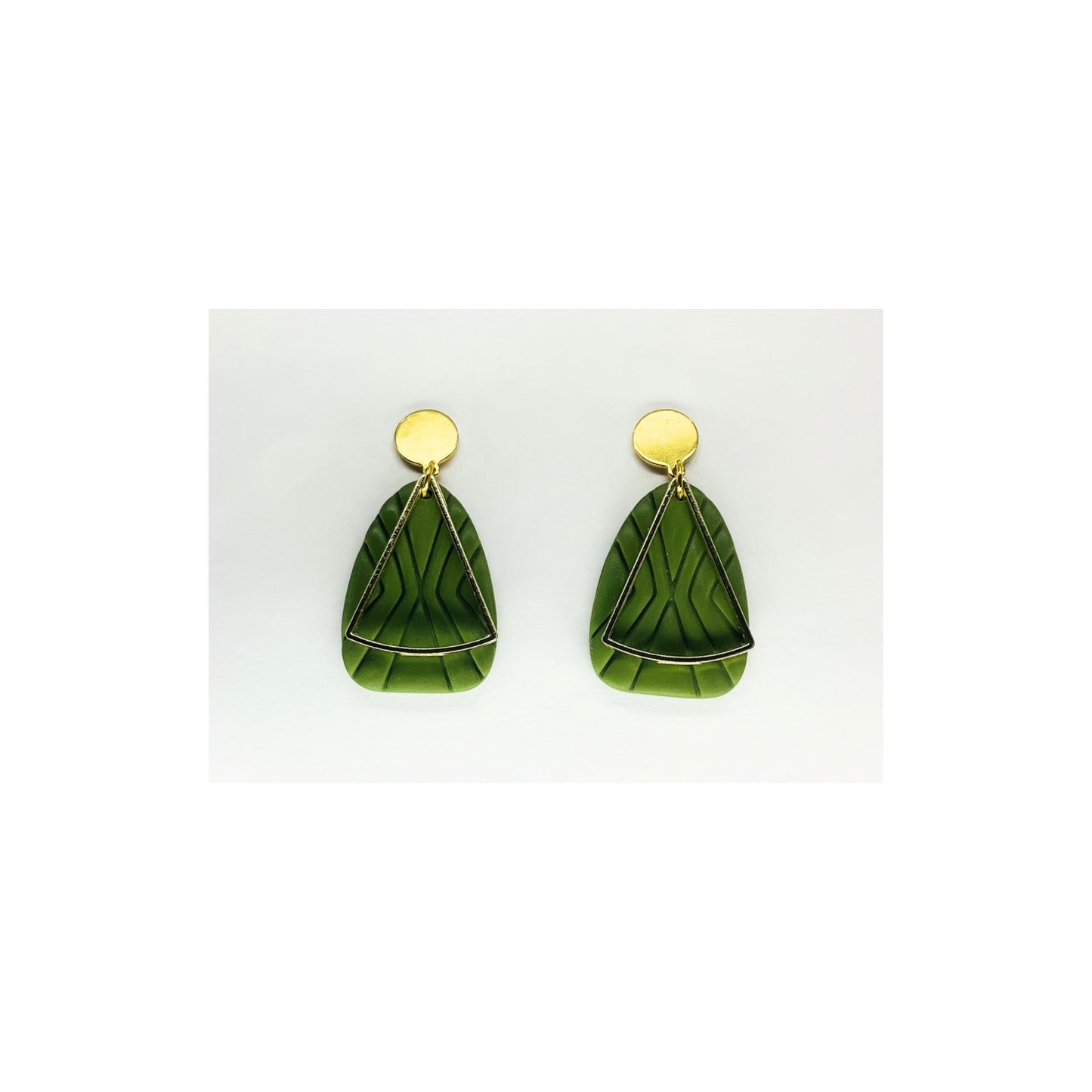 Olive Green Geometric Shape Dangle with Gold Embellishments and Gold Button Stud Earrings-Crafting By BB