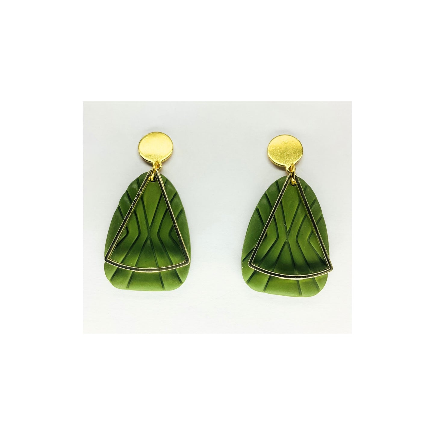 Olive Green Geometric Shape Dangle with Gold Embellishments and Gold Button Stud Earrings-Crafting By BB