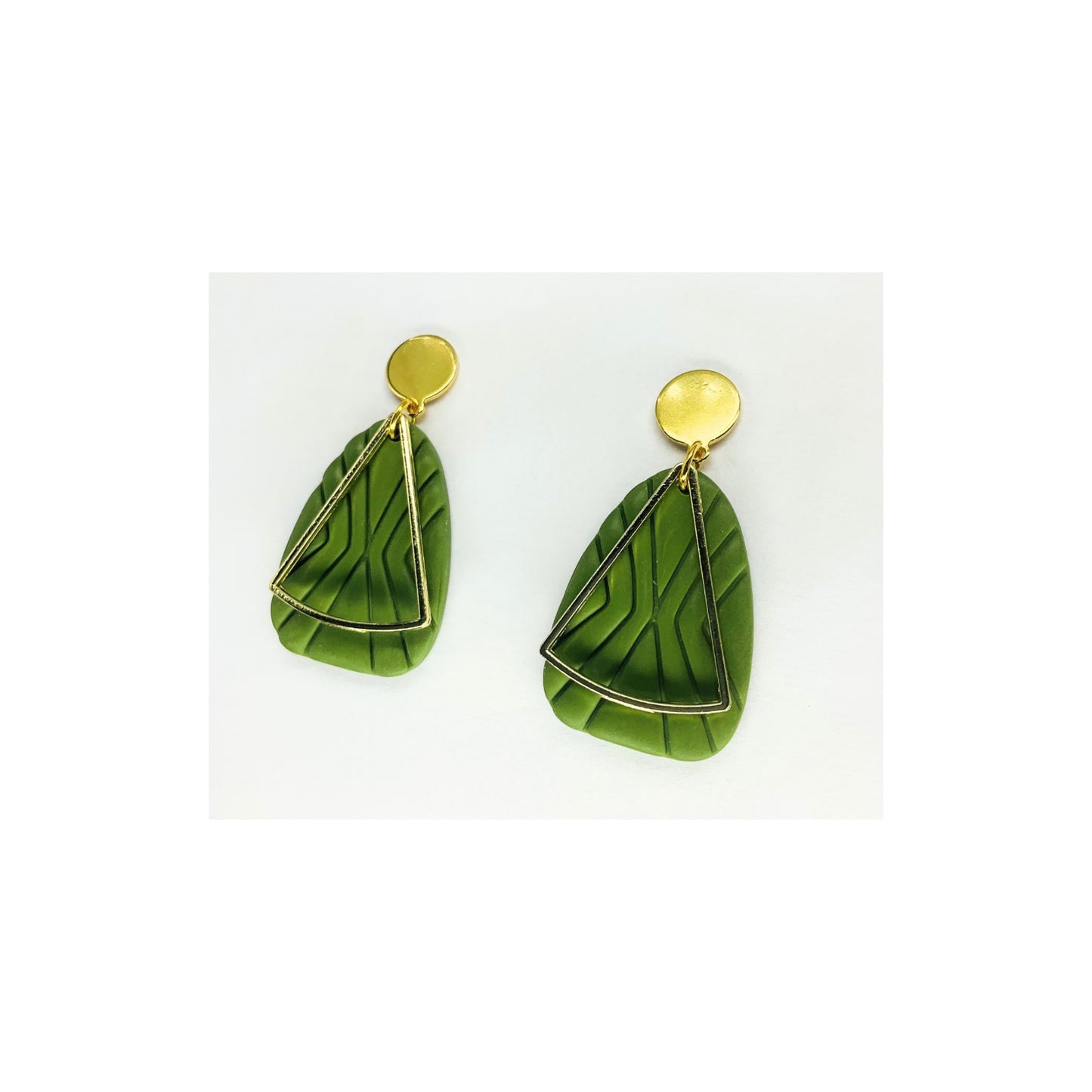 Olive Green Geometric Shape Dangle with Gold Embellishments and Gold Button Stud Earrings-Crafting By BB