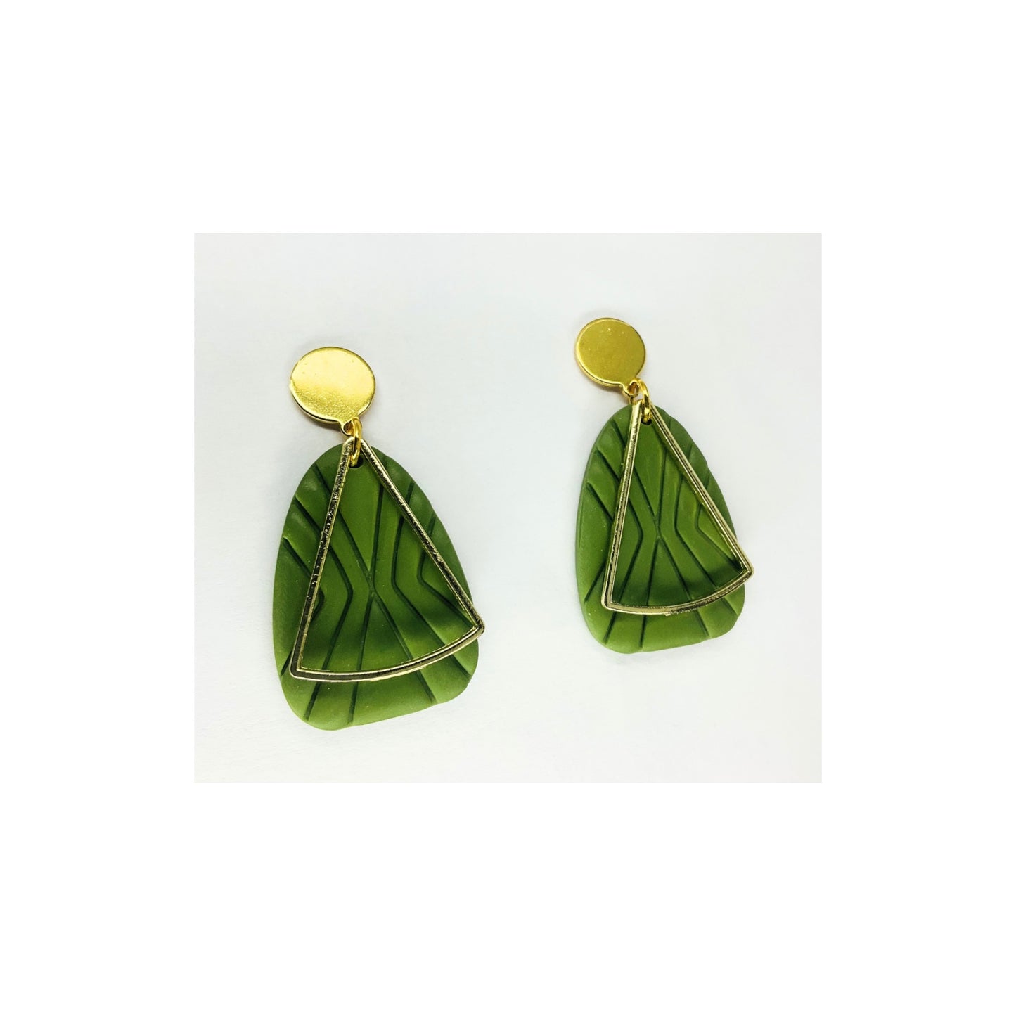 Olive Green Geometric Shape Dangle with Gold Embellishments and Gold Button Stud Earrings-Crafting By BB