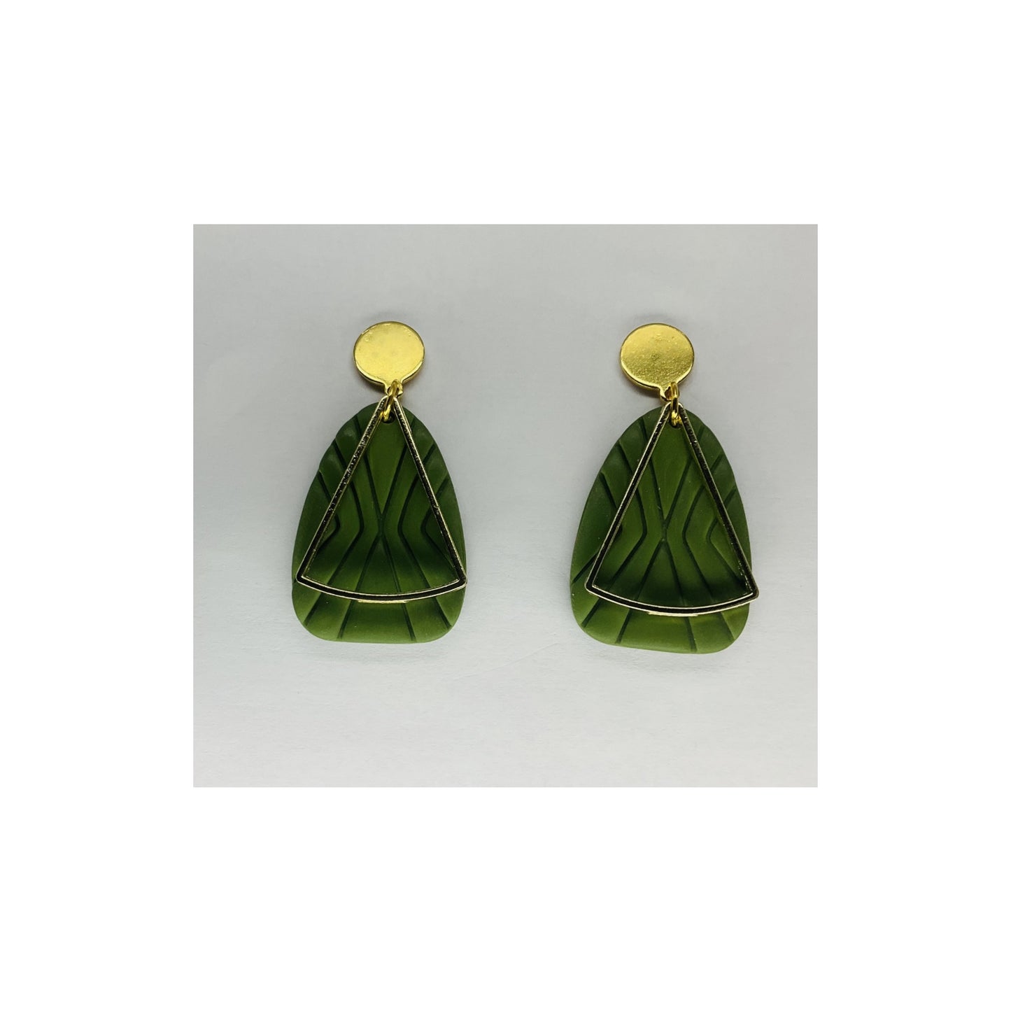 Olive Green Geometric Shape Dangle with Gold Embellishments and Gold Button Stud Earrings-Crafting By BB
